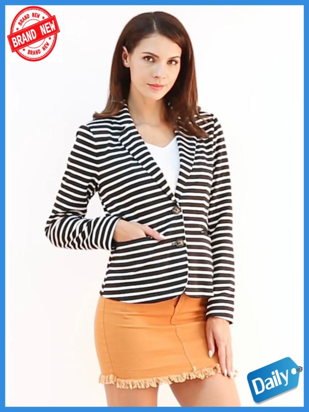 Women's Striped Blazer Button Closure Notched Lapel Knit Fabric Short Cropped - Picture 5 of 5